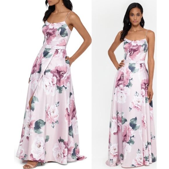 Xscape Floral Print Satin Gown Evening Dress Sz.8 - Picture 4 of 16